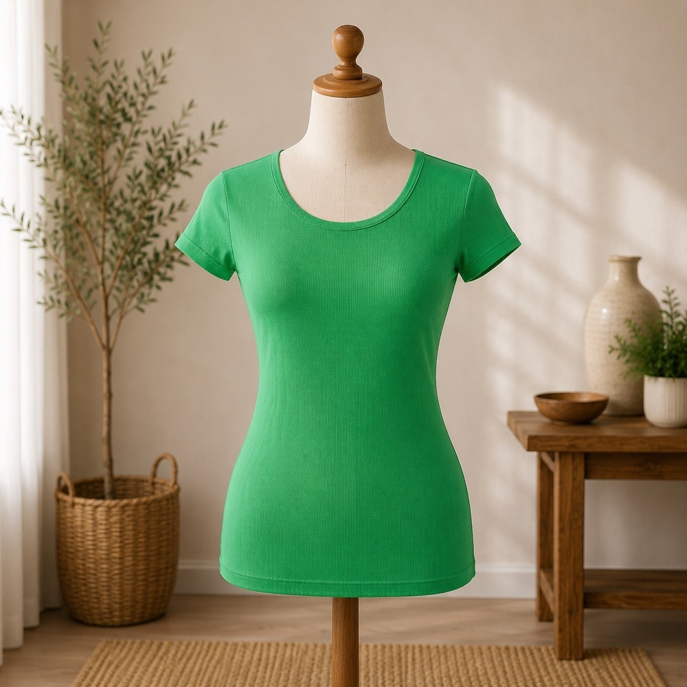 Elodie Ribbed Short Sleeve‎ T-Shirt Womens XS/S Green Crew Neck Seamless Stretch